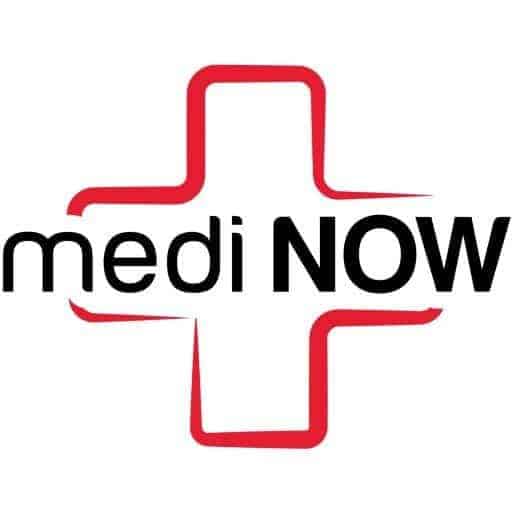Logo with the word "mediNOW" over a red, stylized outline of a medical cross on a white background.
